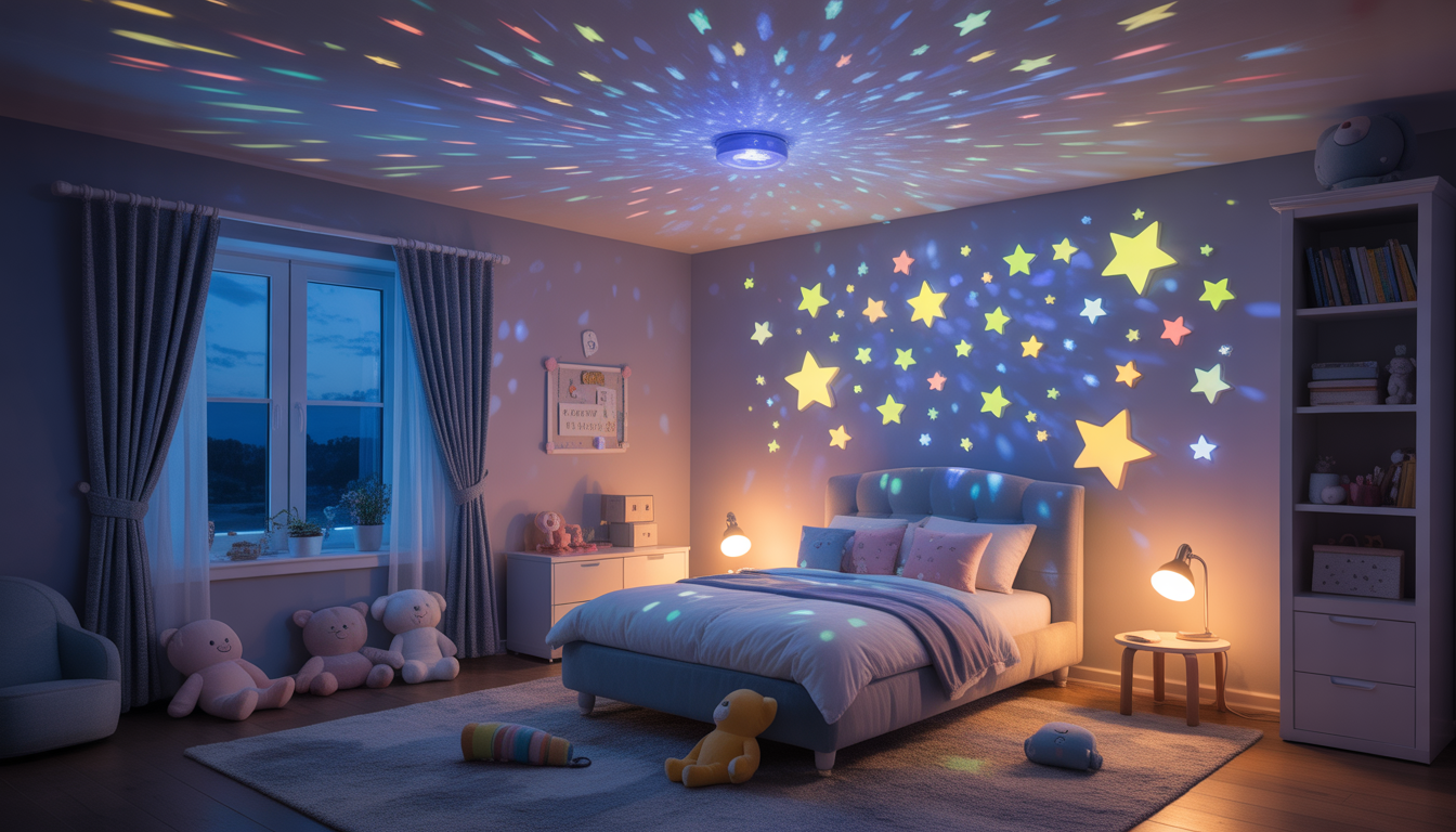 Star projector casting colorful sky on ceiling in child’s bedroom