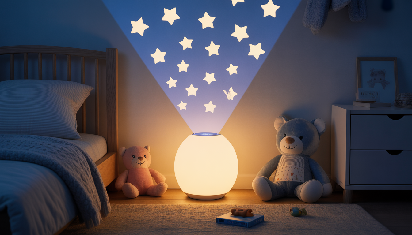 Veilleuse projetant des étoiles dans une chambre d’enfant chaleureuse