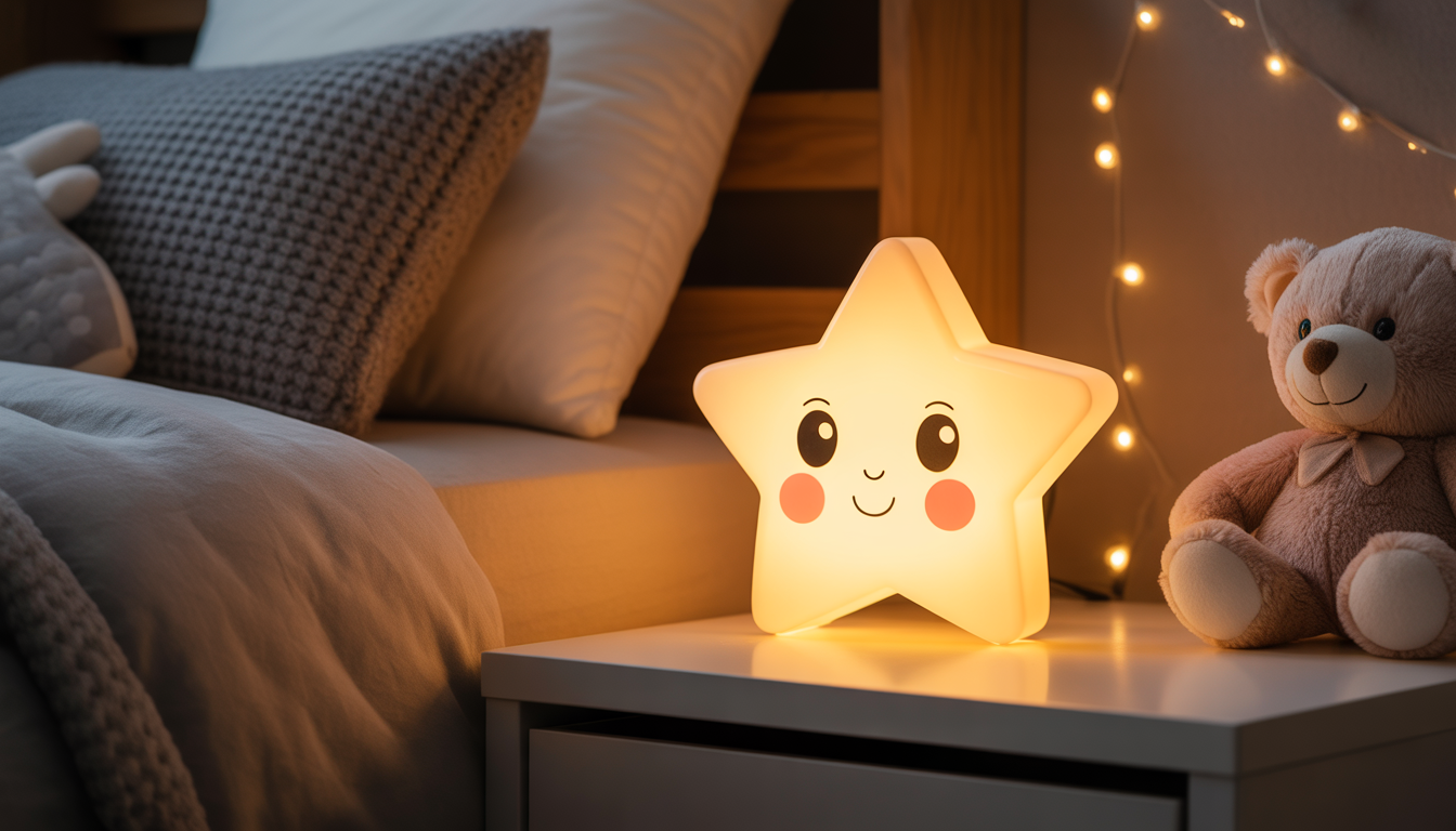 Photorealistic star-shaped night light glowing in child's room