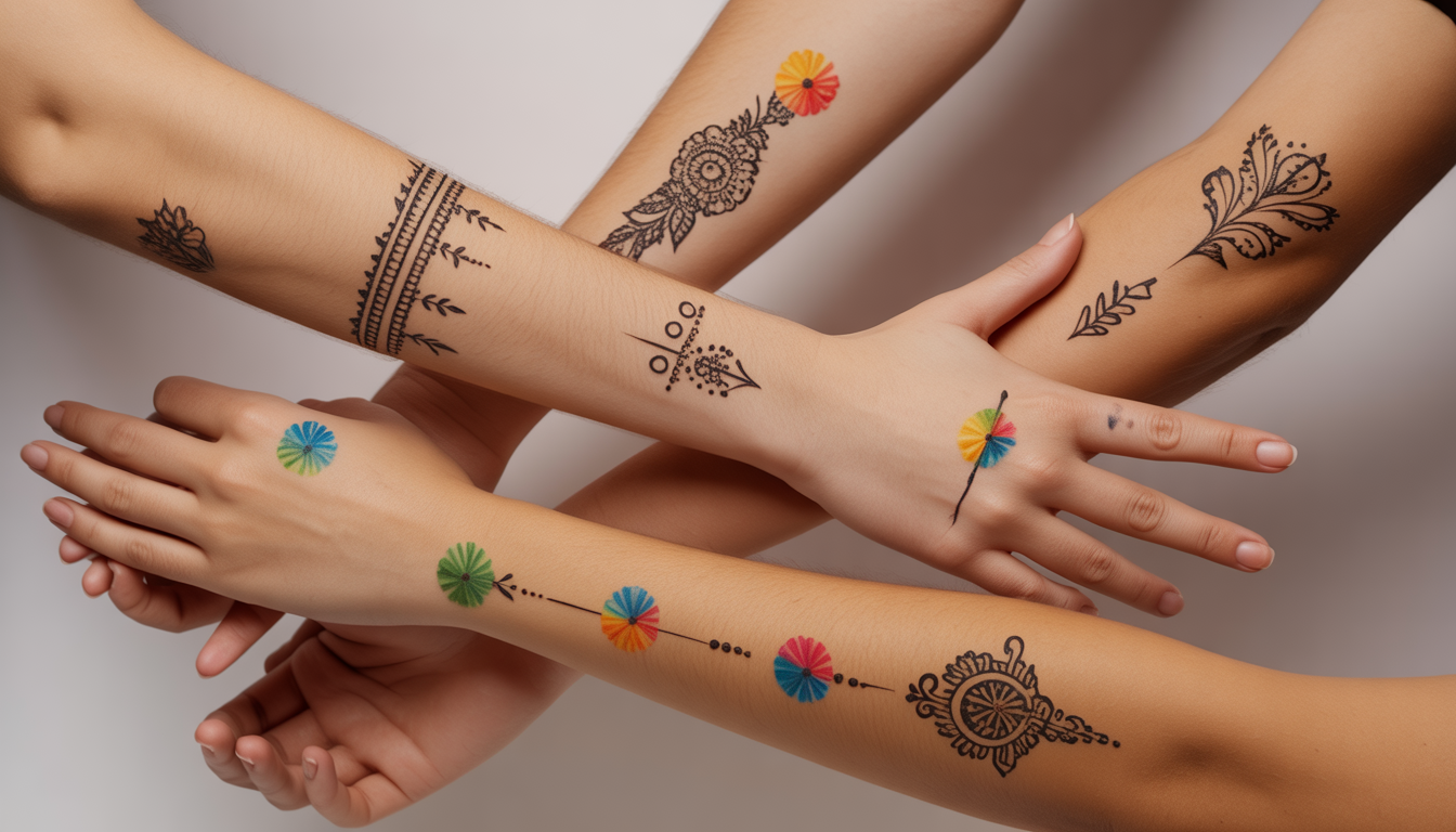 Bras et mains avec tatouages temporaires et henné coloré