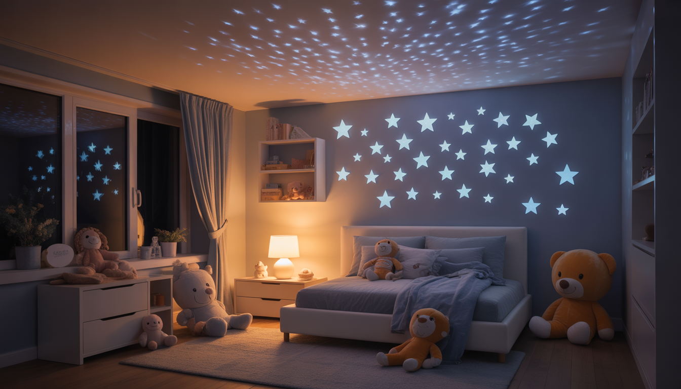 Veilleuse projetant des étoiles au plafond d'une chambre d'enfant chaleureuse avec peluches