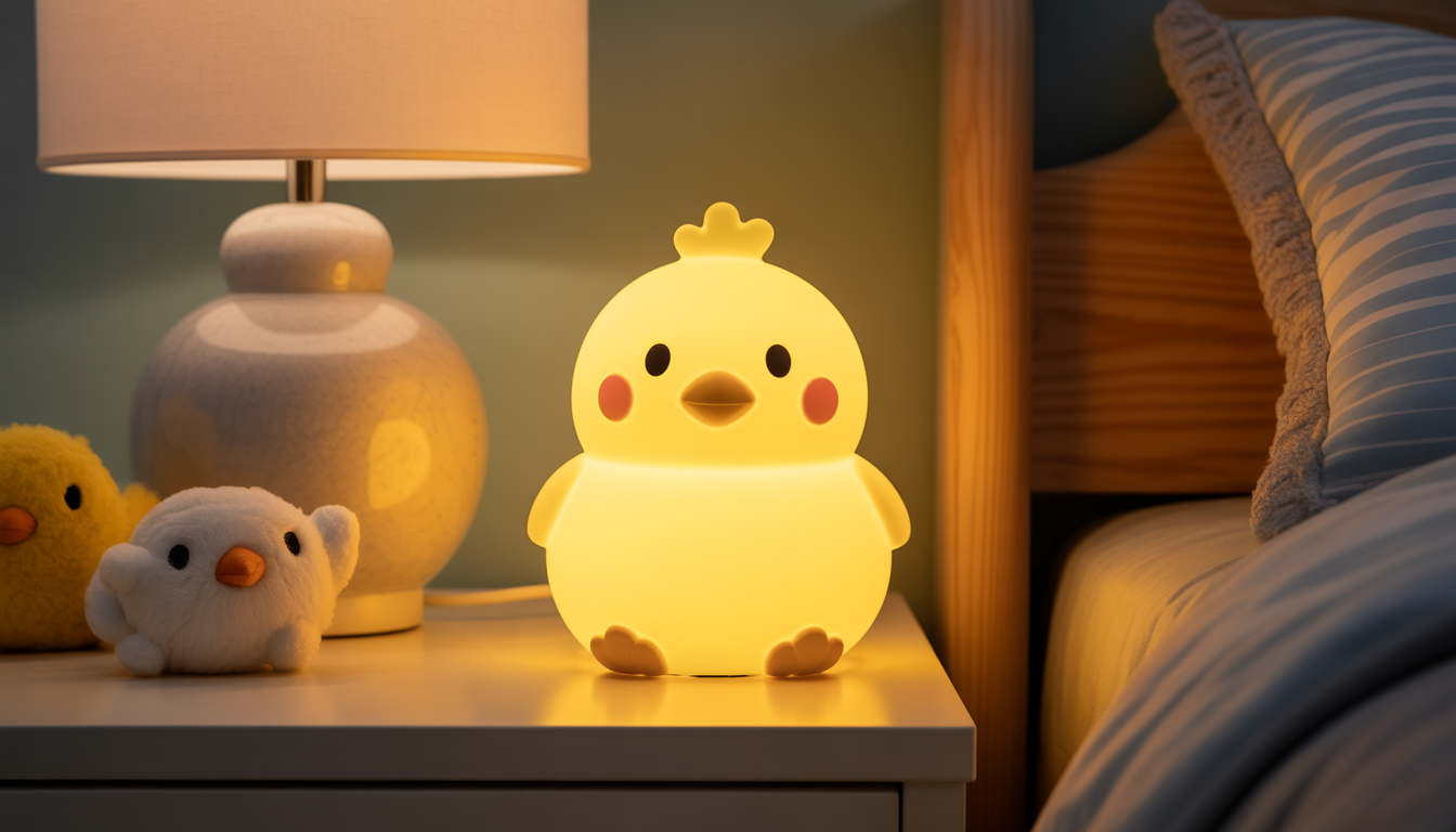 Cute yellow chick-shaped night light glowing softly in a child’s cozy bedroom
