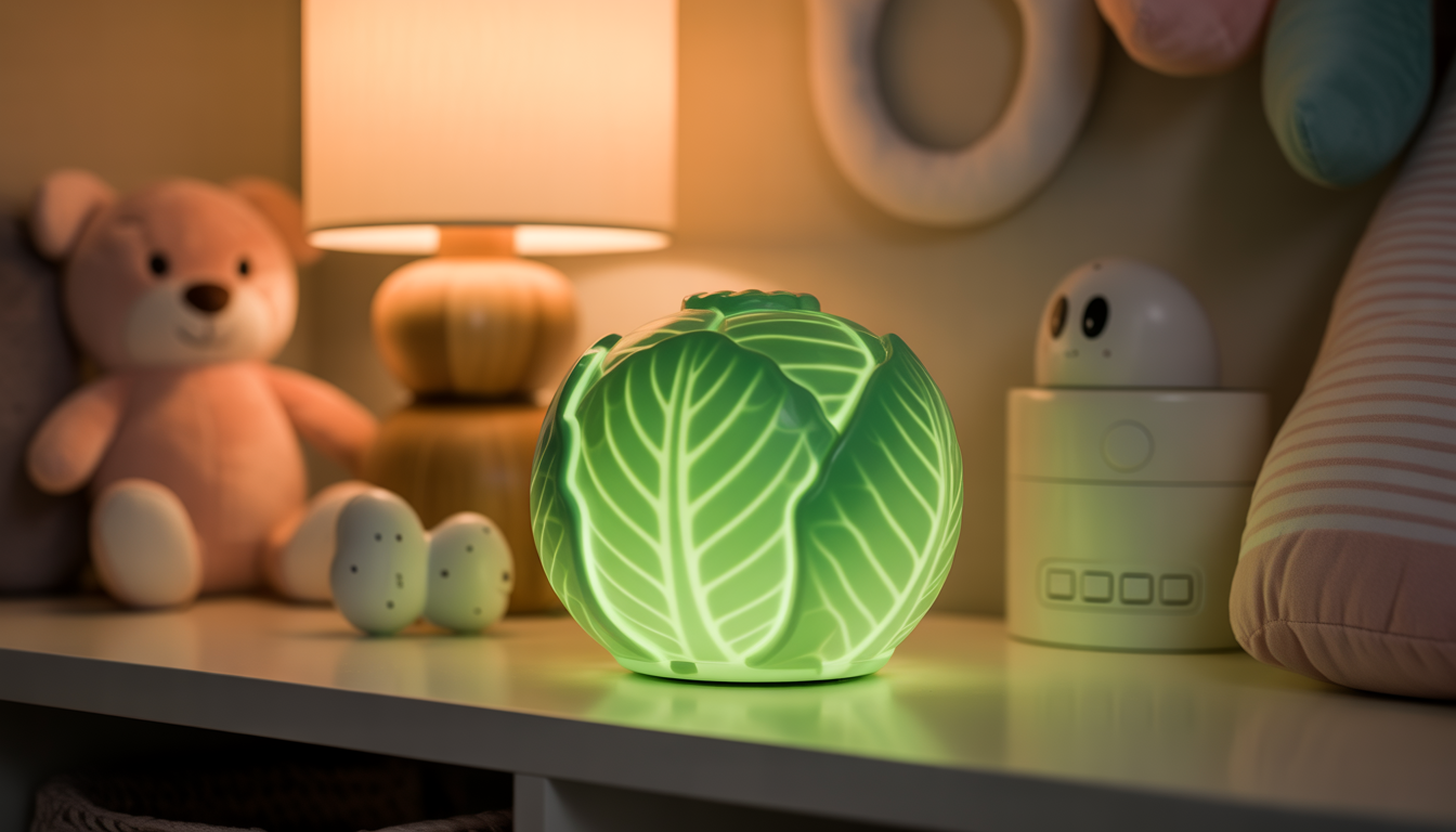 Veilleuse bébé en forme de chou avec peluches et déco pastel