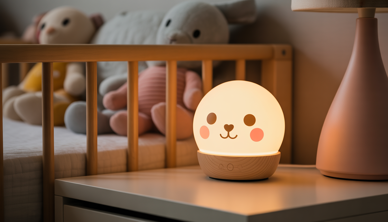 Customizable baby night light with soft LED glow on wooden table in cozy nursery