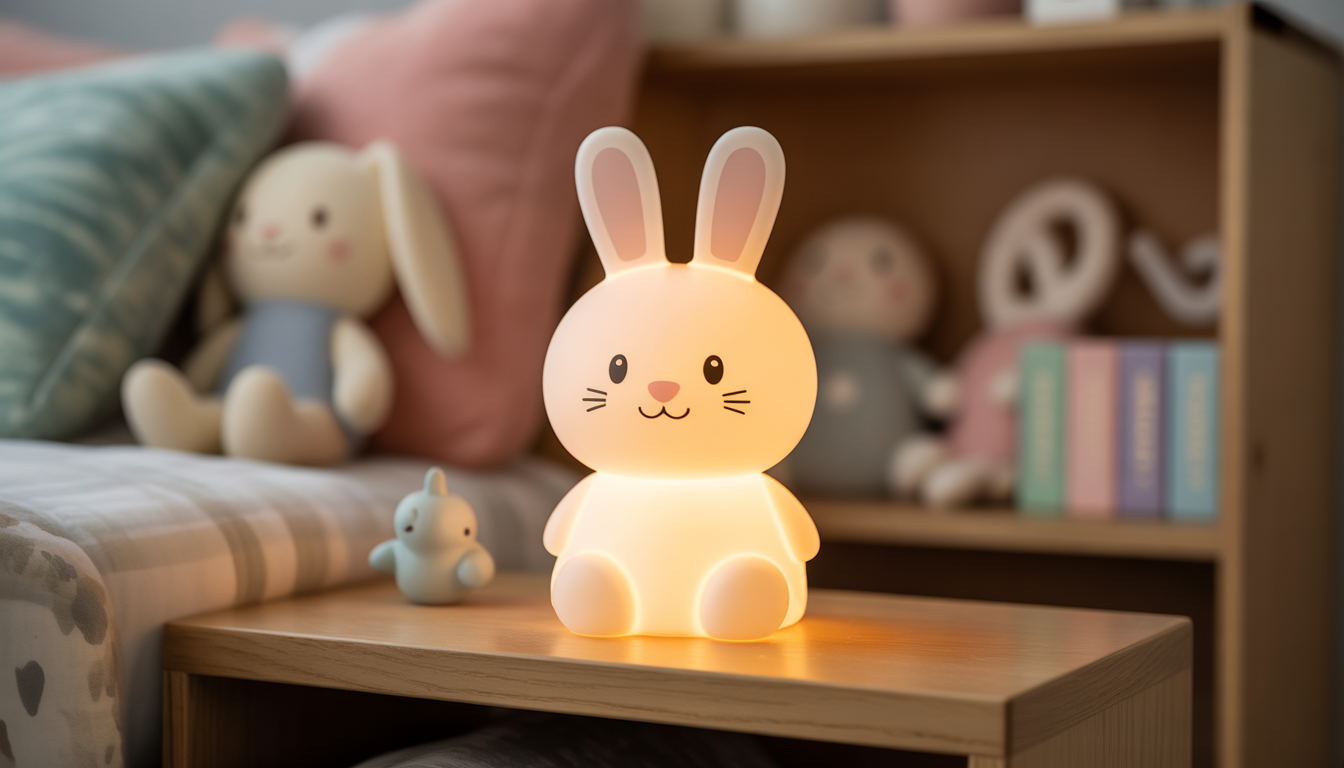 Photorealistic bunny-shaped night light on wooden shelf in cozy nursery with plush toys and soft LED glow