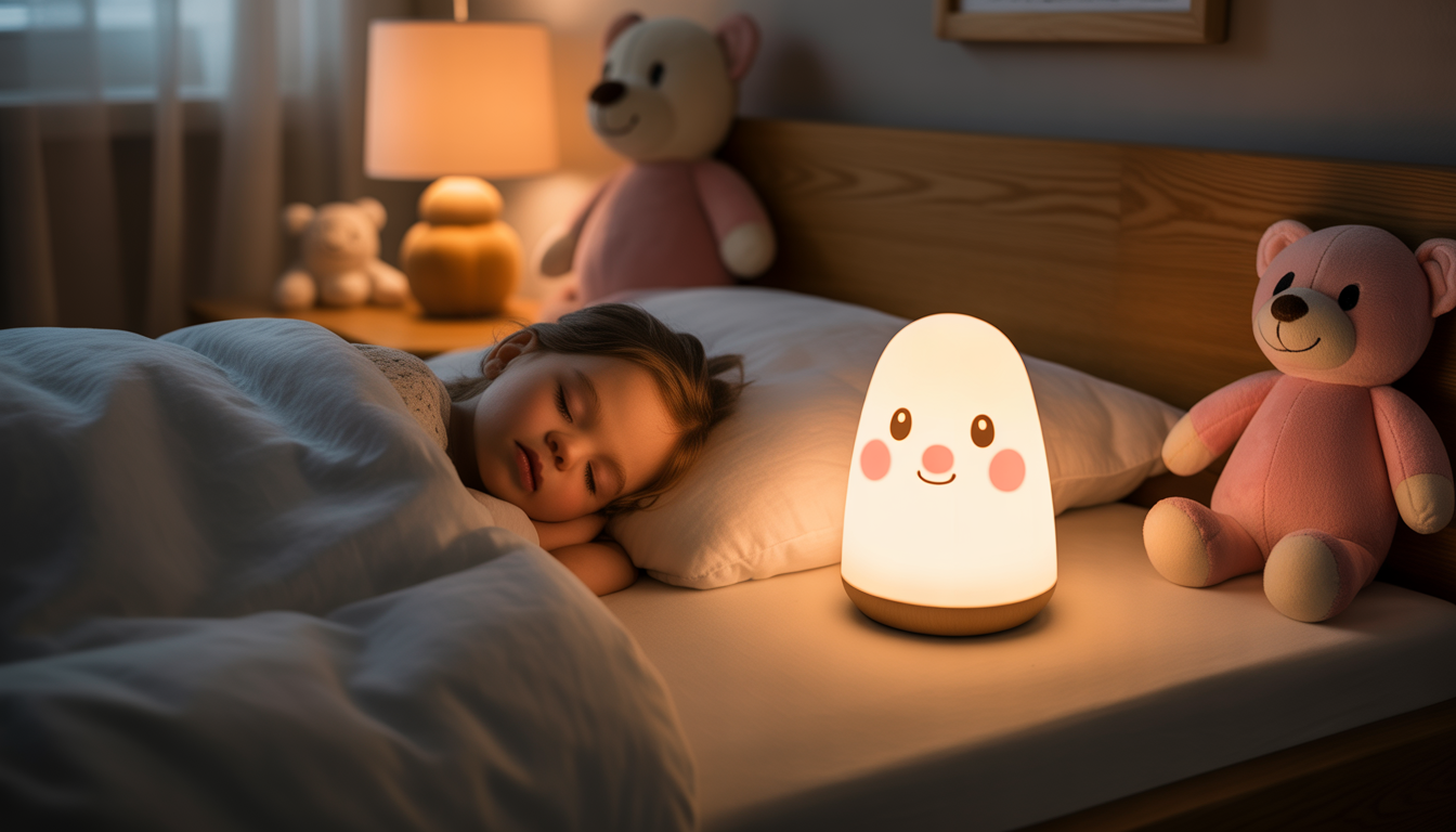 Enfant endormi avec veilleuse allumée dans chambre chaleureuse