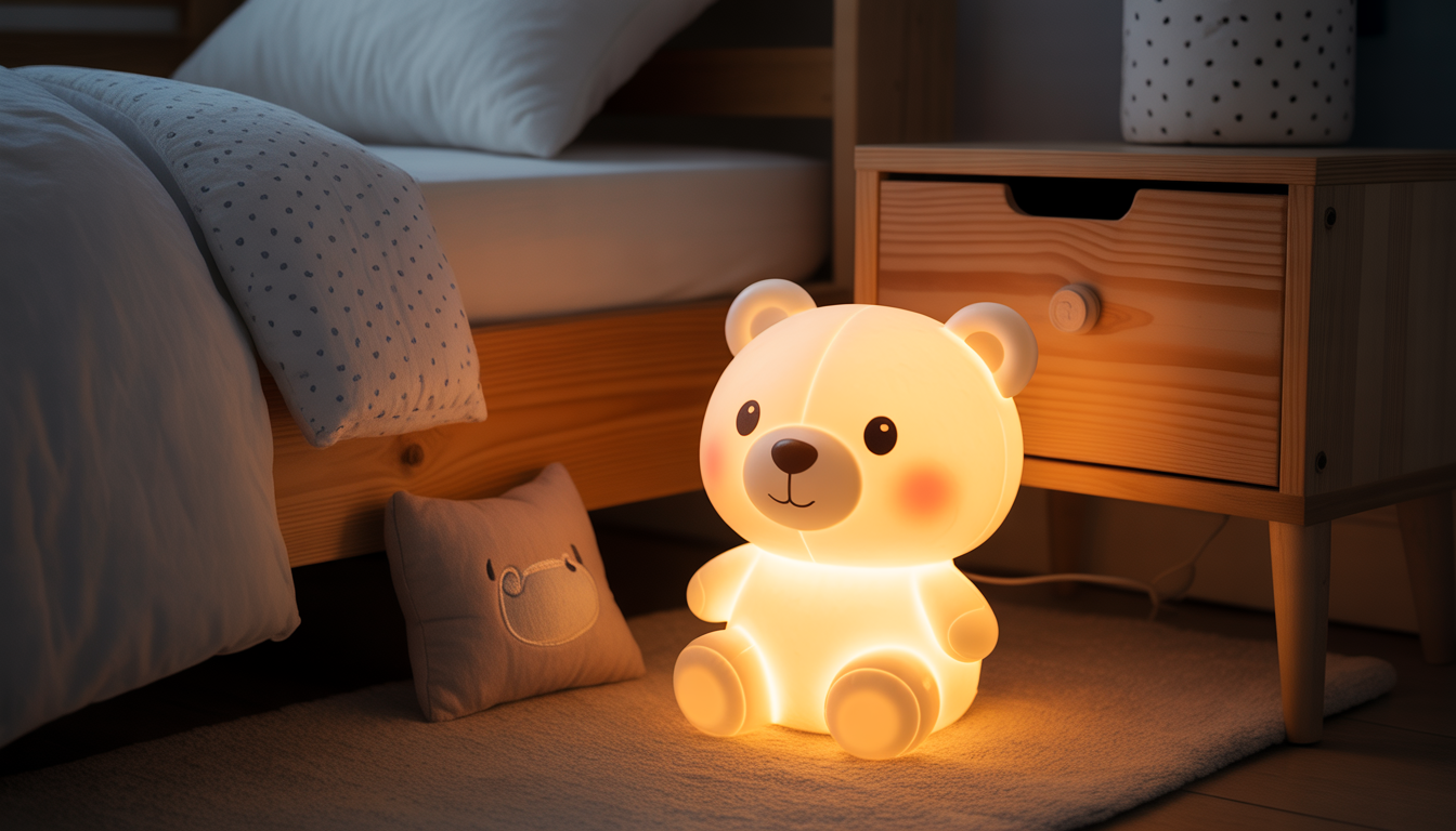 Plush bear nightlight glowing softly in a cozy nursery