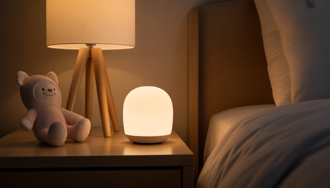 Lampe de nuit portable posée sur une table de chevet avec une peluche enfantine