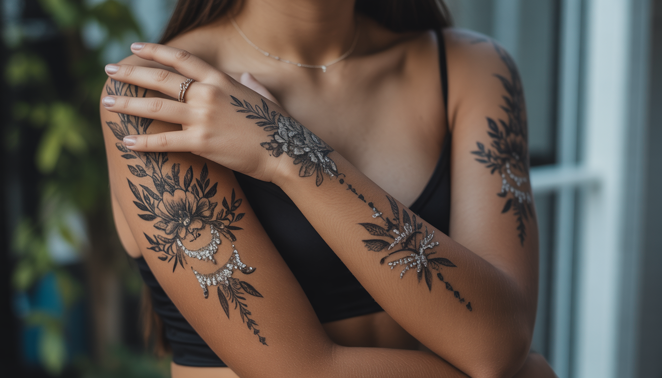 Bras avec tatouages éphémères dorés et henné en lumière naturelle