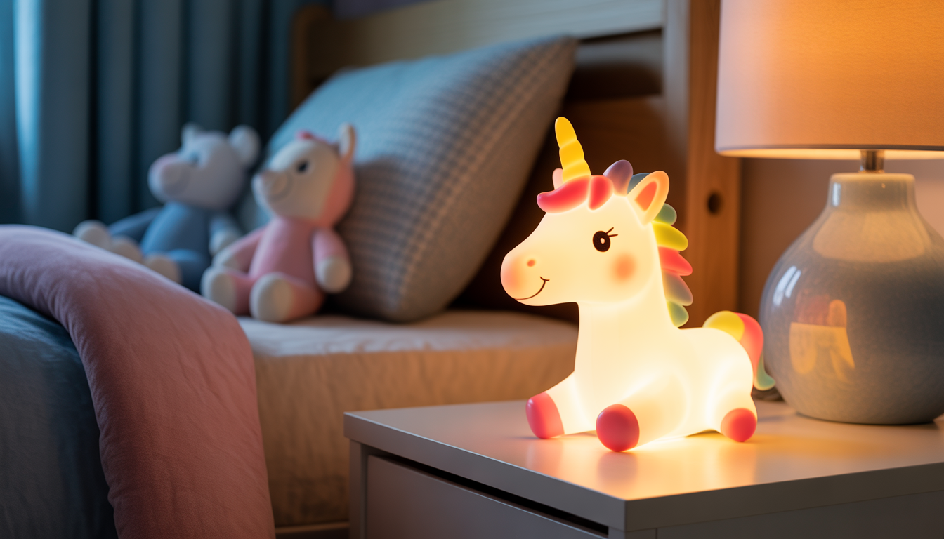 Glowing unicorn night light on bedside table with plush toys