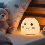 Photorealistic image of a cozy child's bedroom with soft glowing musical night light and plush toys