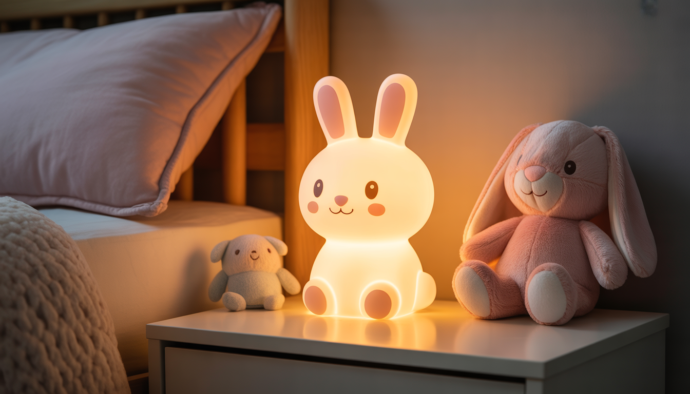 Photorealistic bunny night light glowing on baby's nightstand