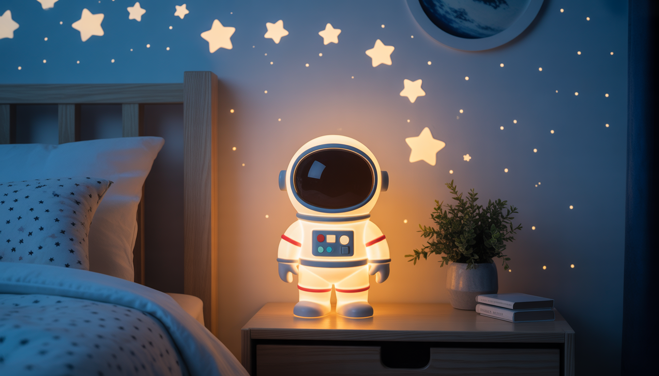 Photorealistic astronaut night light glowing in child's bedroom
