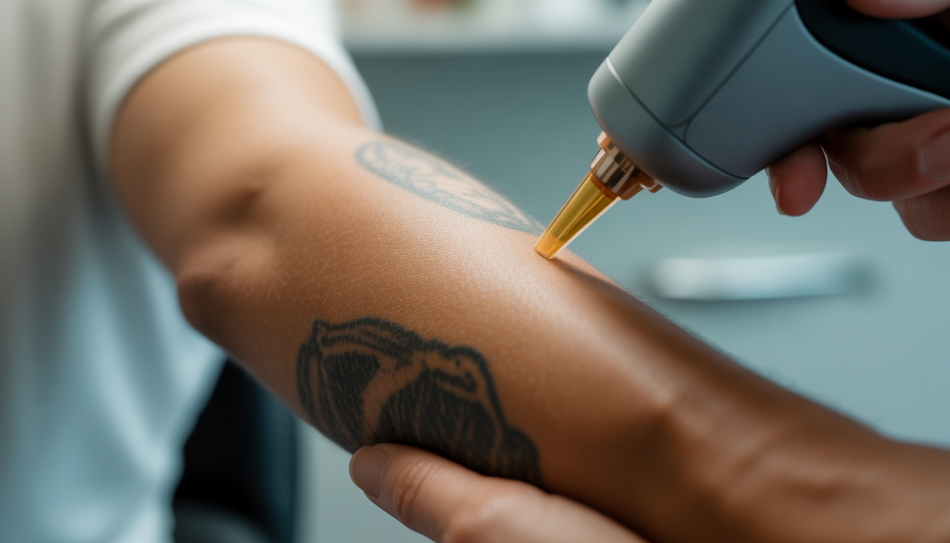 Close-up of a partially faded tattoo on a forearm being treated with a laser in a clean, modern clinic