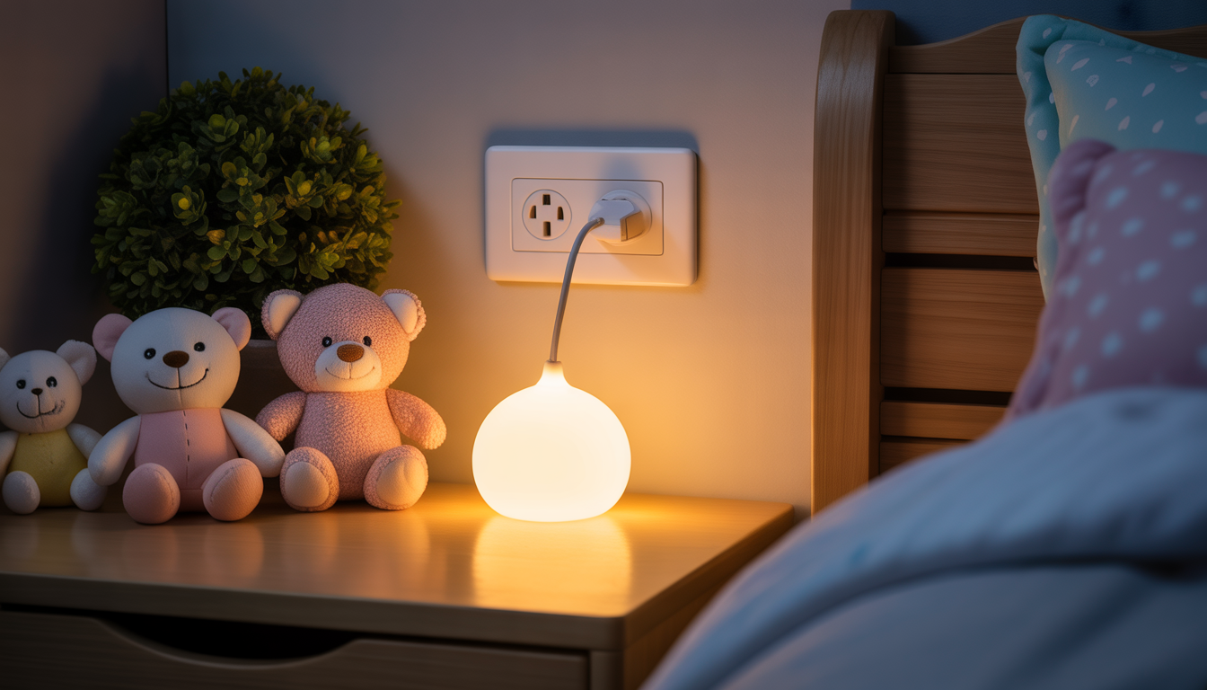 LED night light glowing softly in a dim child's bedroom with plush toys and pastel furniture