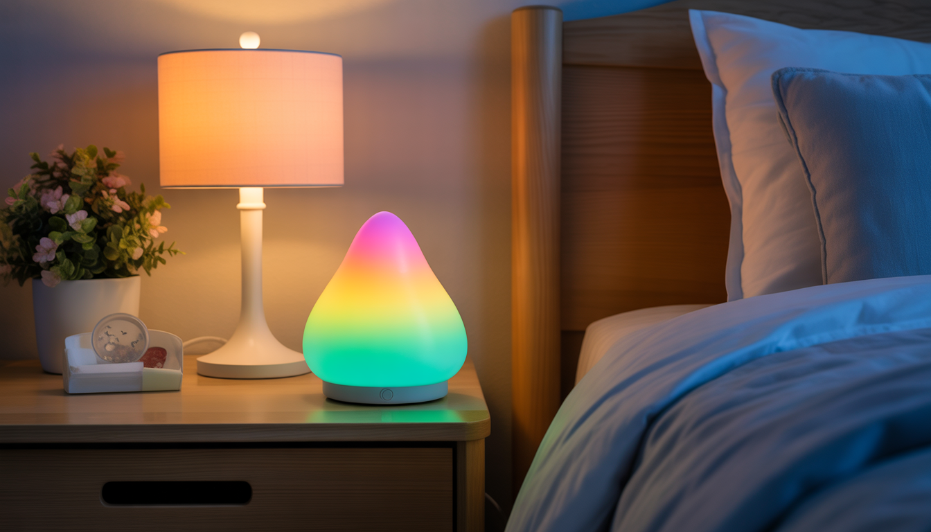 Veilleuse LED changeante posée sur une table de nuit dans une chambre tamisée