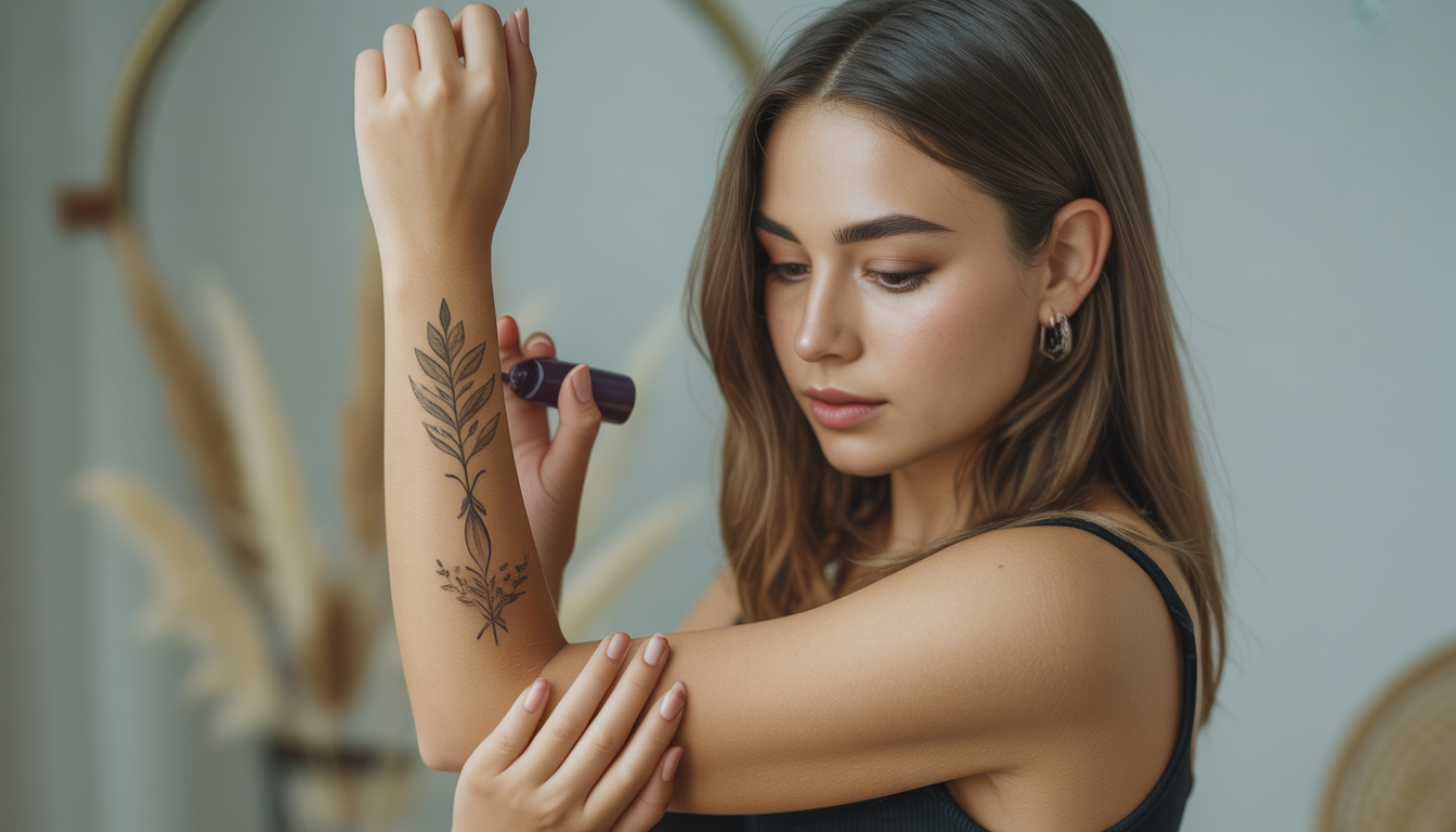 Young woman applying a delicate temporary tattoo on forearm, photorealistic portrait with soft natural lighting
