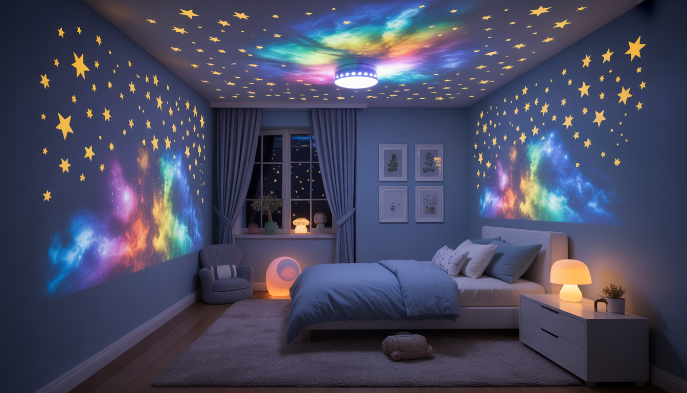 Photorealistic star projector casting nebula and stars in a child’s bedroom