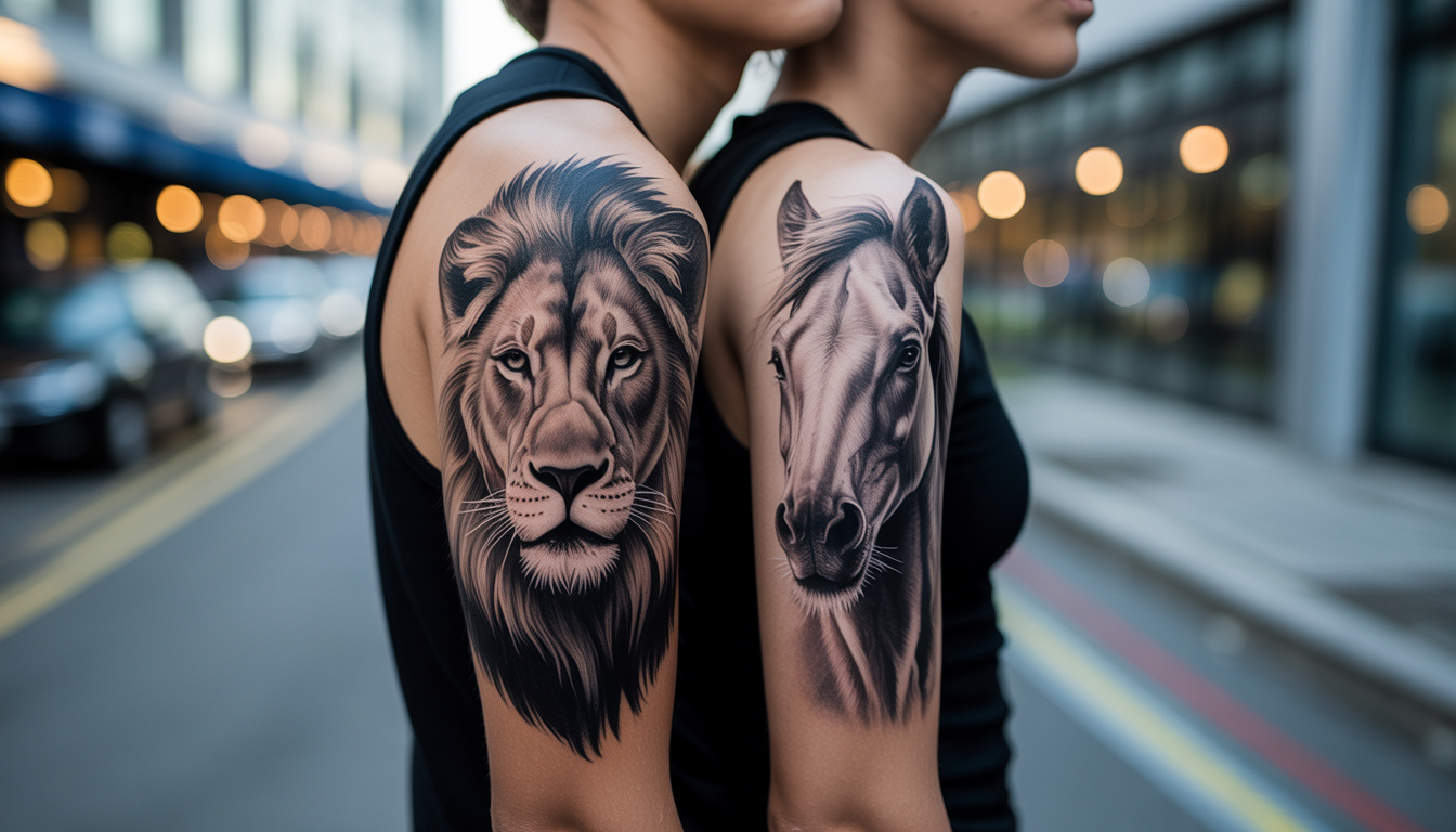 Avant-bras d’adolescent avec tatouages temporaires réalistes de lion, loup et cheval en noir et blanc
