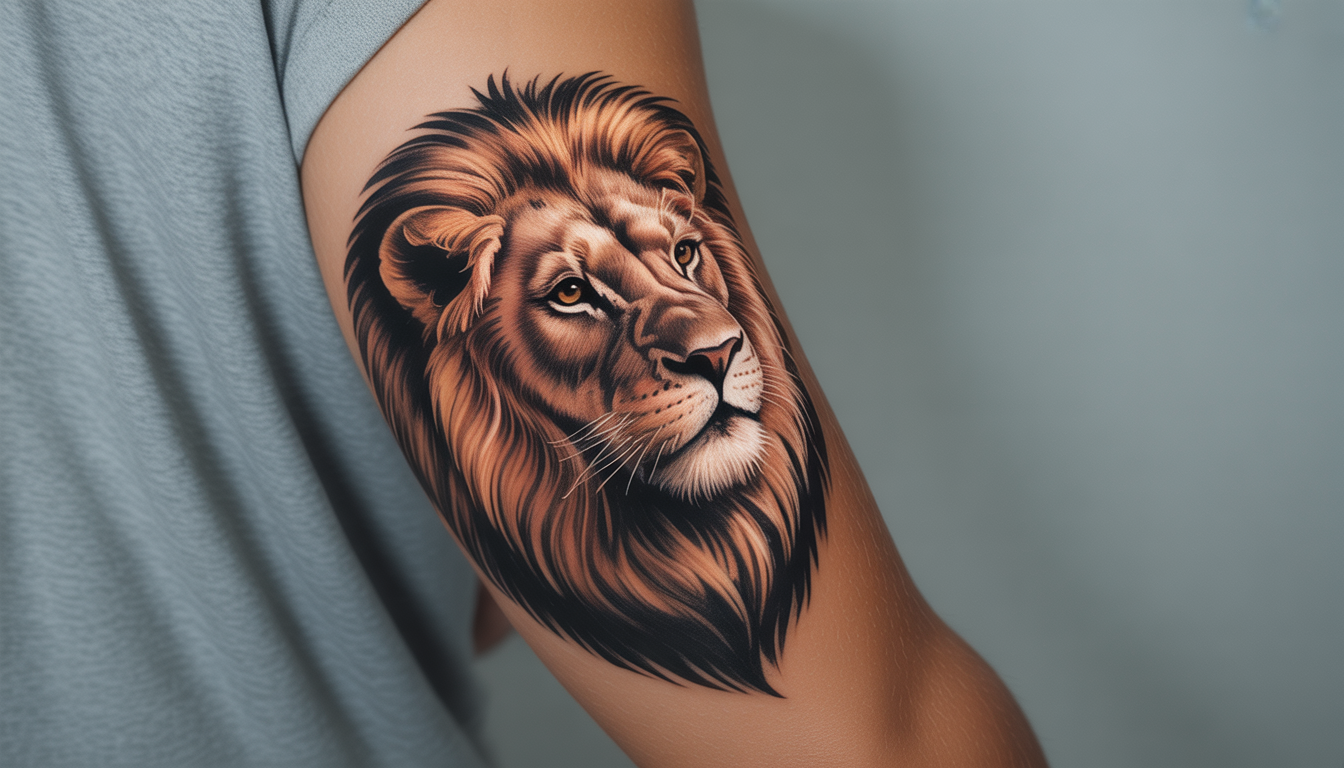 Close-up of a temporary lion tattoo on a young adult's forearm in soft daylight