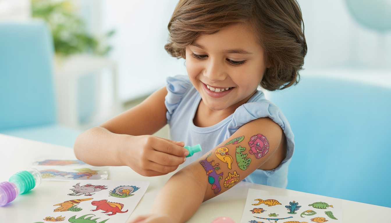 Smiling child adding a colorful tattoo surrounded by animals