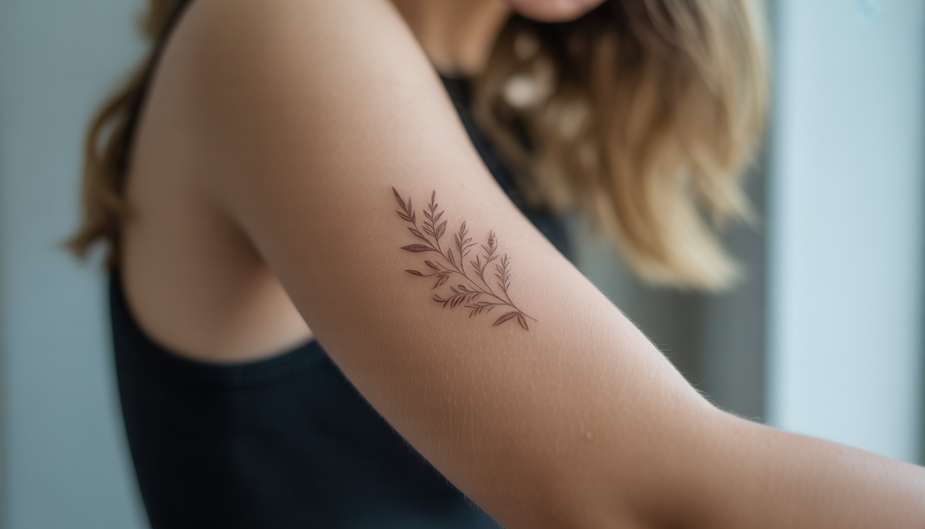 Close-up of a young adult's forearm with a delicate temporary tattoo under soft lighting
