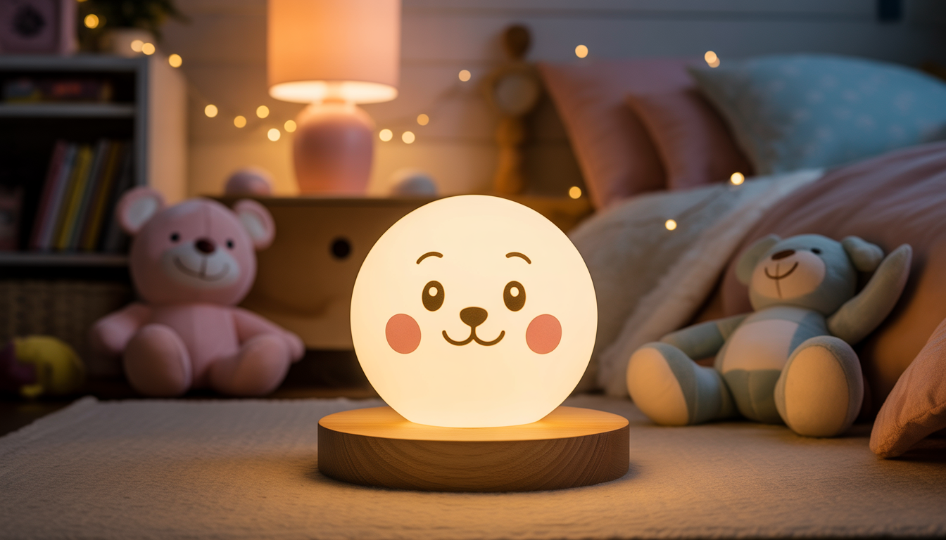 Custom wooden night light glowing in cozy child's bedroom