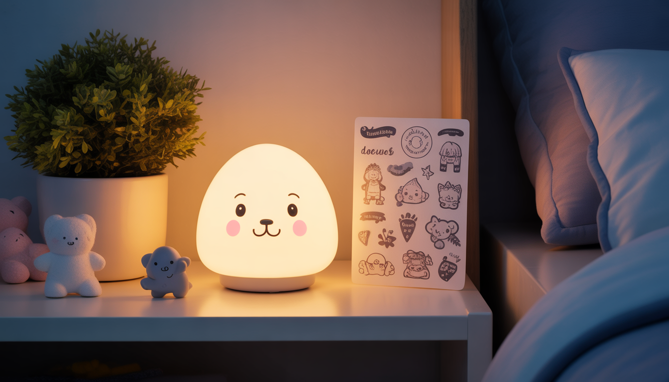 Children’s nightlight with temporary tattoos on bedroom shelf