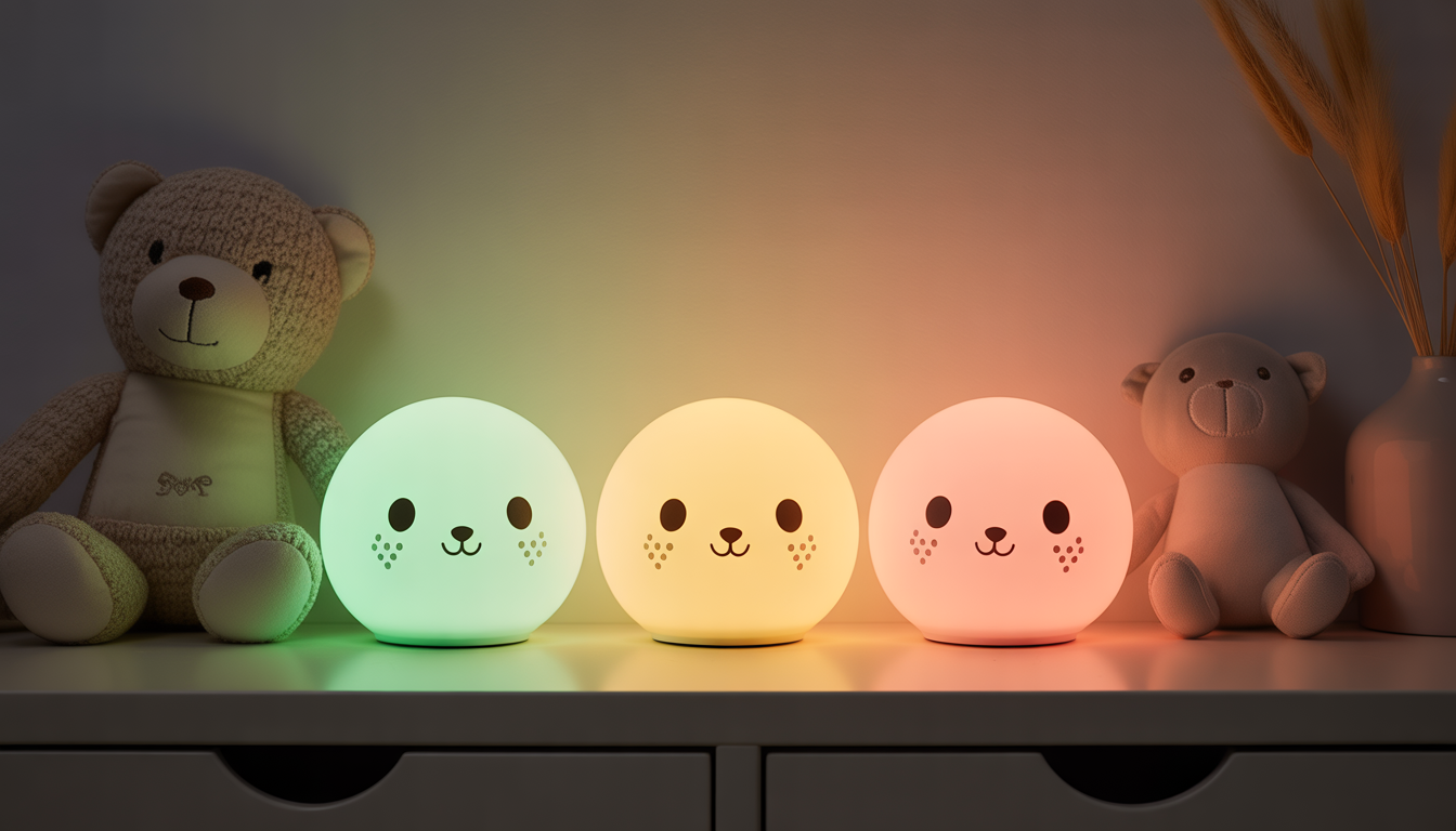 Modern baby night lights glowing softly on nursery shelf with pastel colors and plush toys