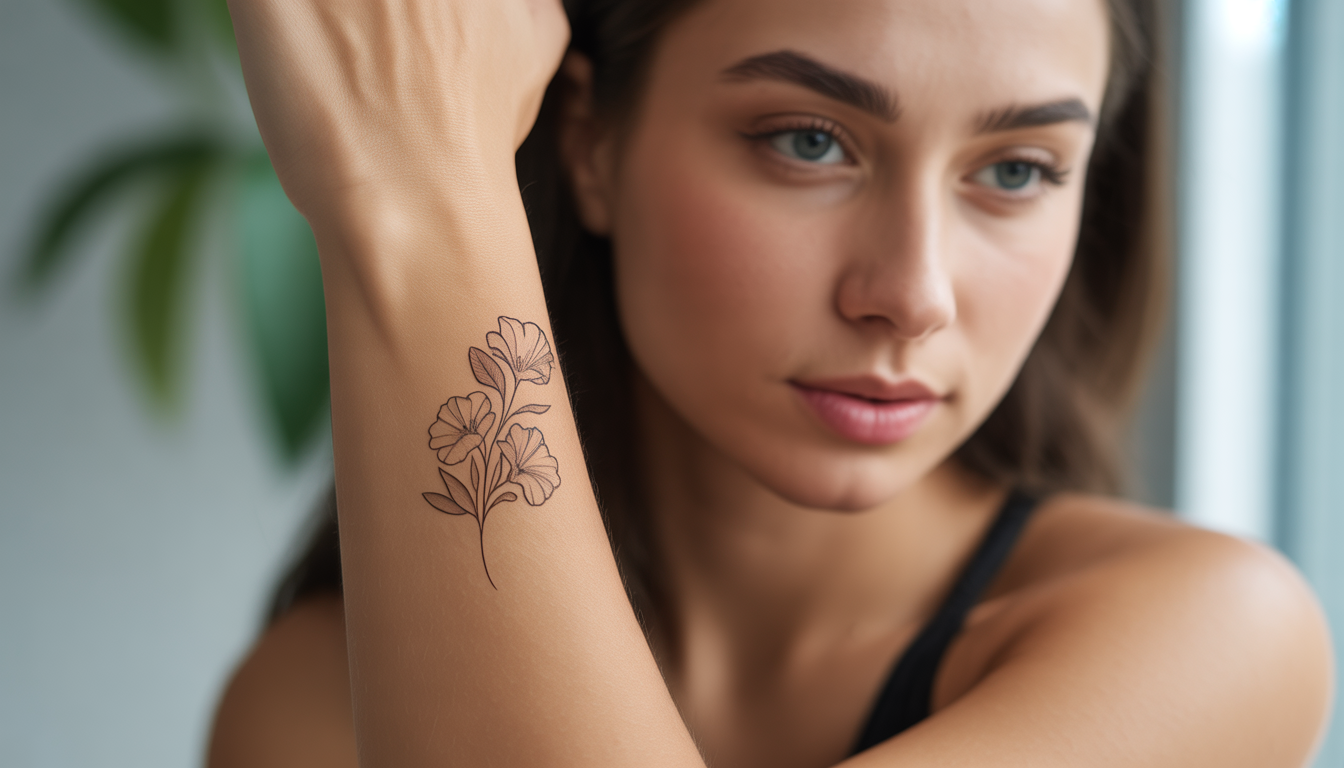Photorealistic close-up of a young woman's forearm with a fine line floral temporary tattoo under natural light