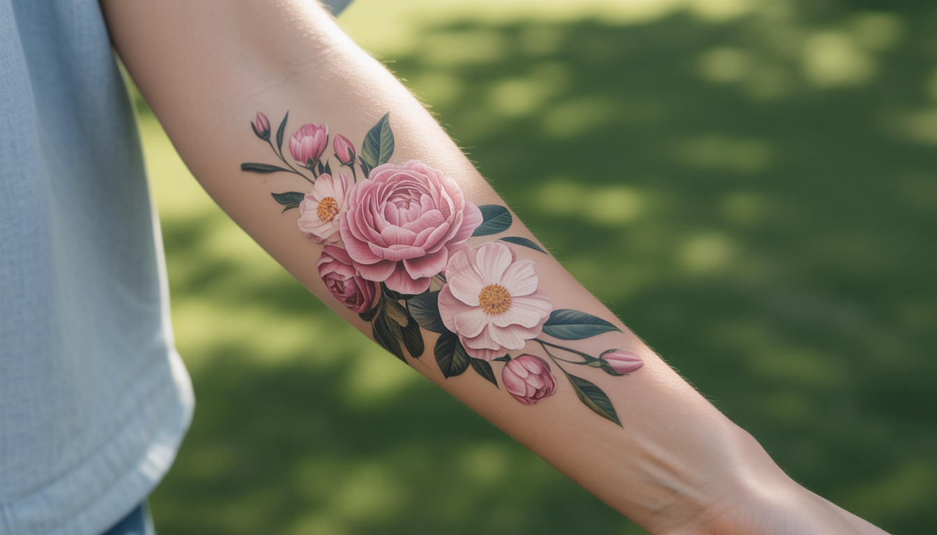 Photorealistic temporary floral tattoo on forearm with pastel flowers in natural light