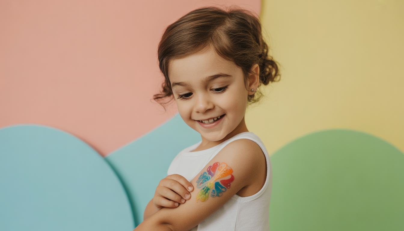Happy child showing a colorful temporary tattoo on arm in a soft-lit indoor setting