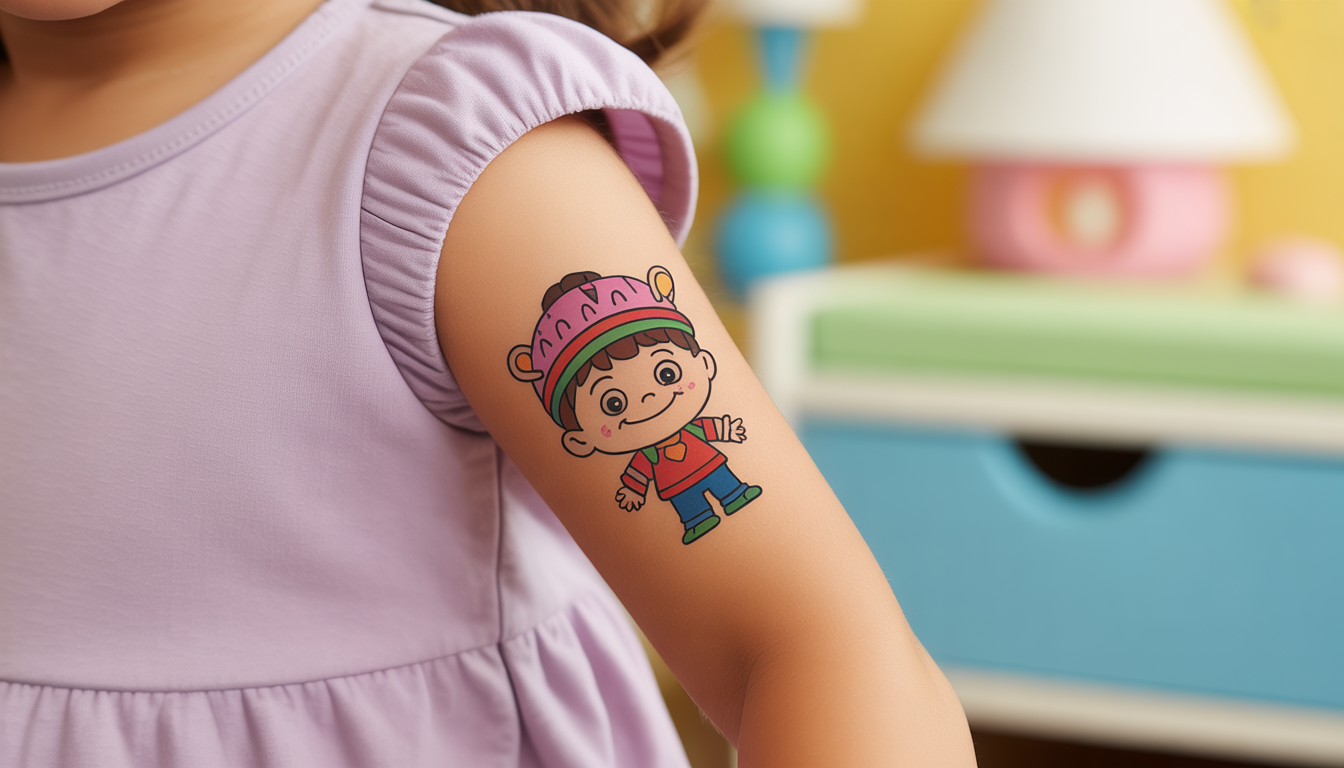 Tatouage temporaire coloré de personnage enfantin sur bras