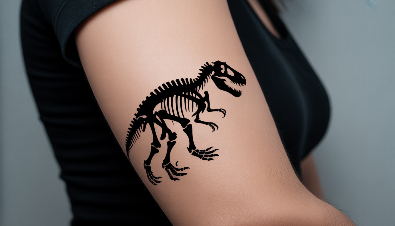 Photorealistic temporary dinosaur skeleton tattoo on young adult's forearm