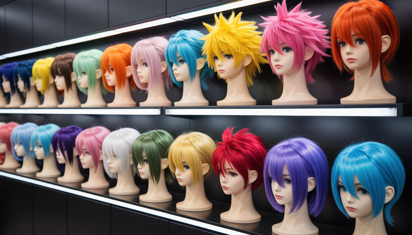 Mannequin heads with colorful anime wigs on sleek shelves