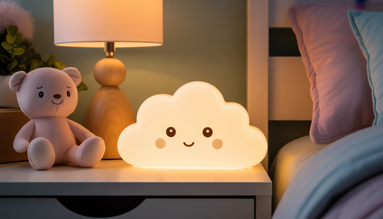 Lampe de nuit en forme de nuage sur table de chevet, lumière chaude