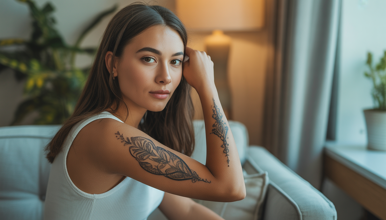 Young adult with intricate temporary tattoo on forearm indoors