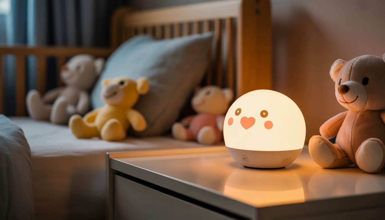 Photorealistic baby night light on bedside table in cozy nursery