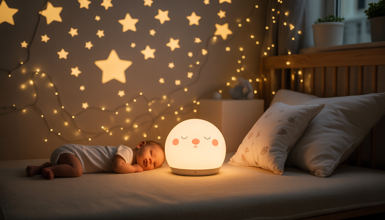 Futuristic baby night light in warm nursery with star projections and sleeping baby