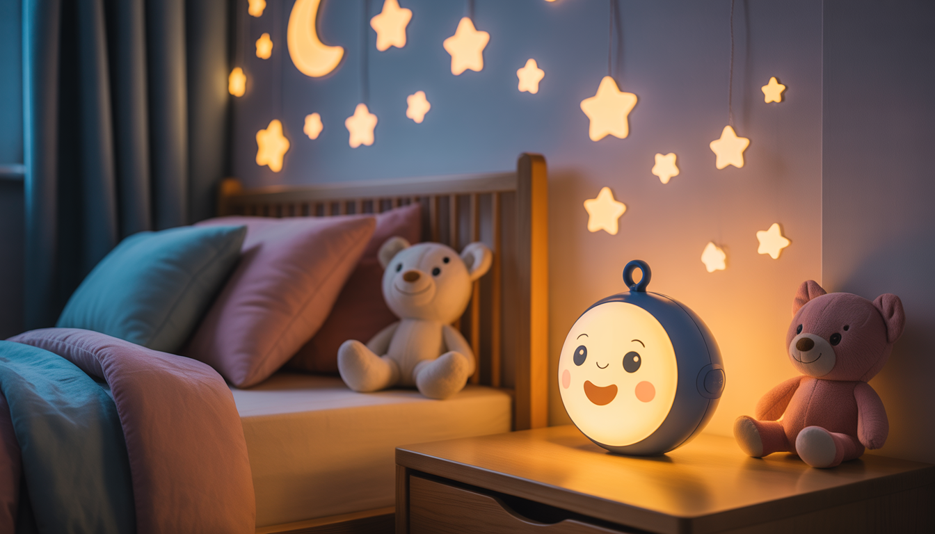 Veilleuse musicale projetant étoiles et lunes dans une chambre d'enfant cosy