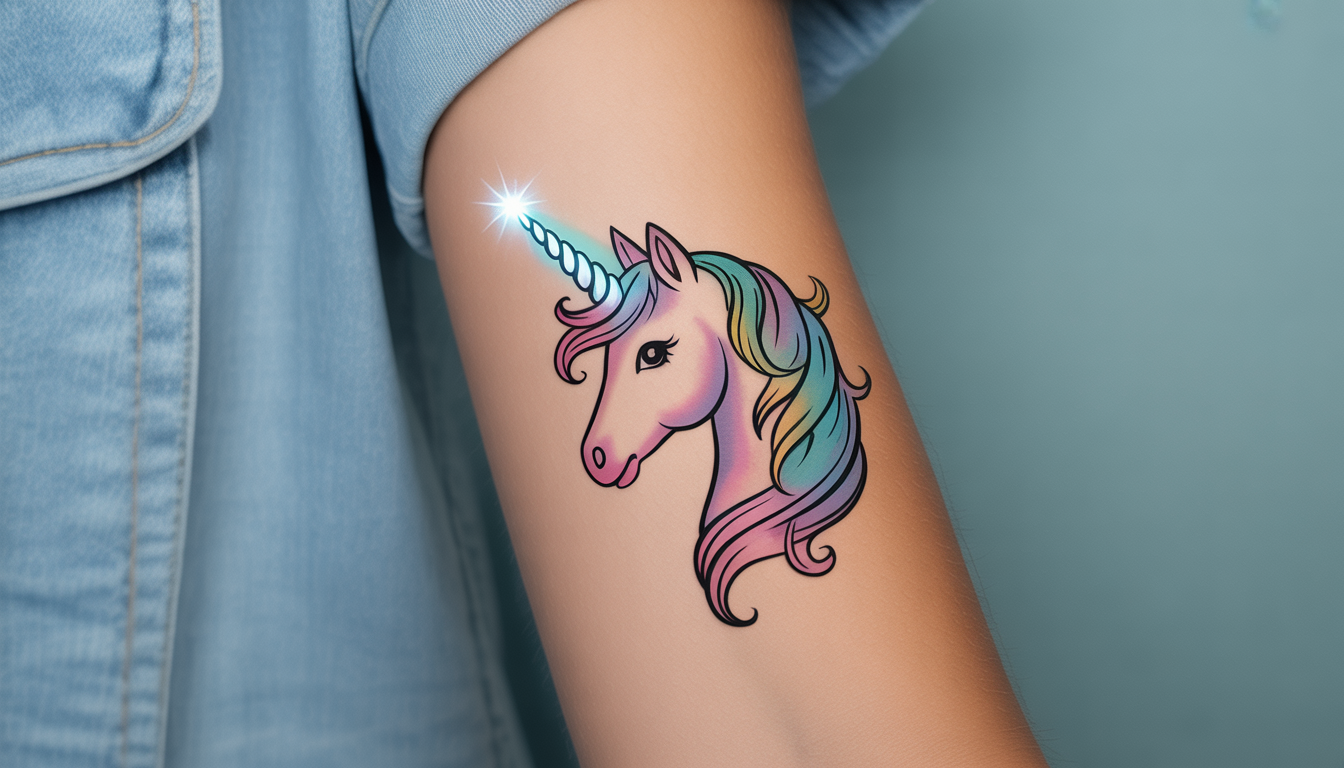 Close-up of a unicorn temporary tattoo on a forearm in watercolor style