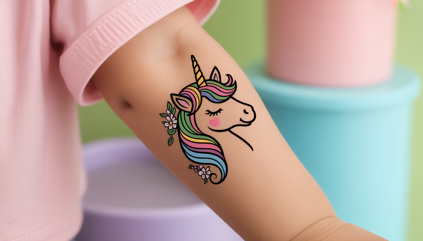Tatouage temporaire de licorne sur l’avant-bras d’un enfant avec crinière multicolore et fleurs