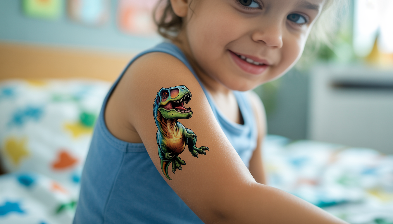 Tatouage dinosaure T-Rex réaliste et coloré sur le bras d’un enfant