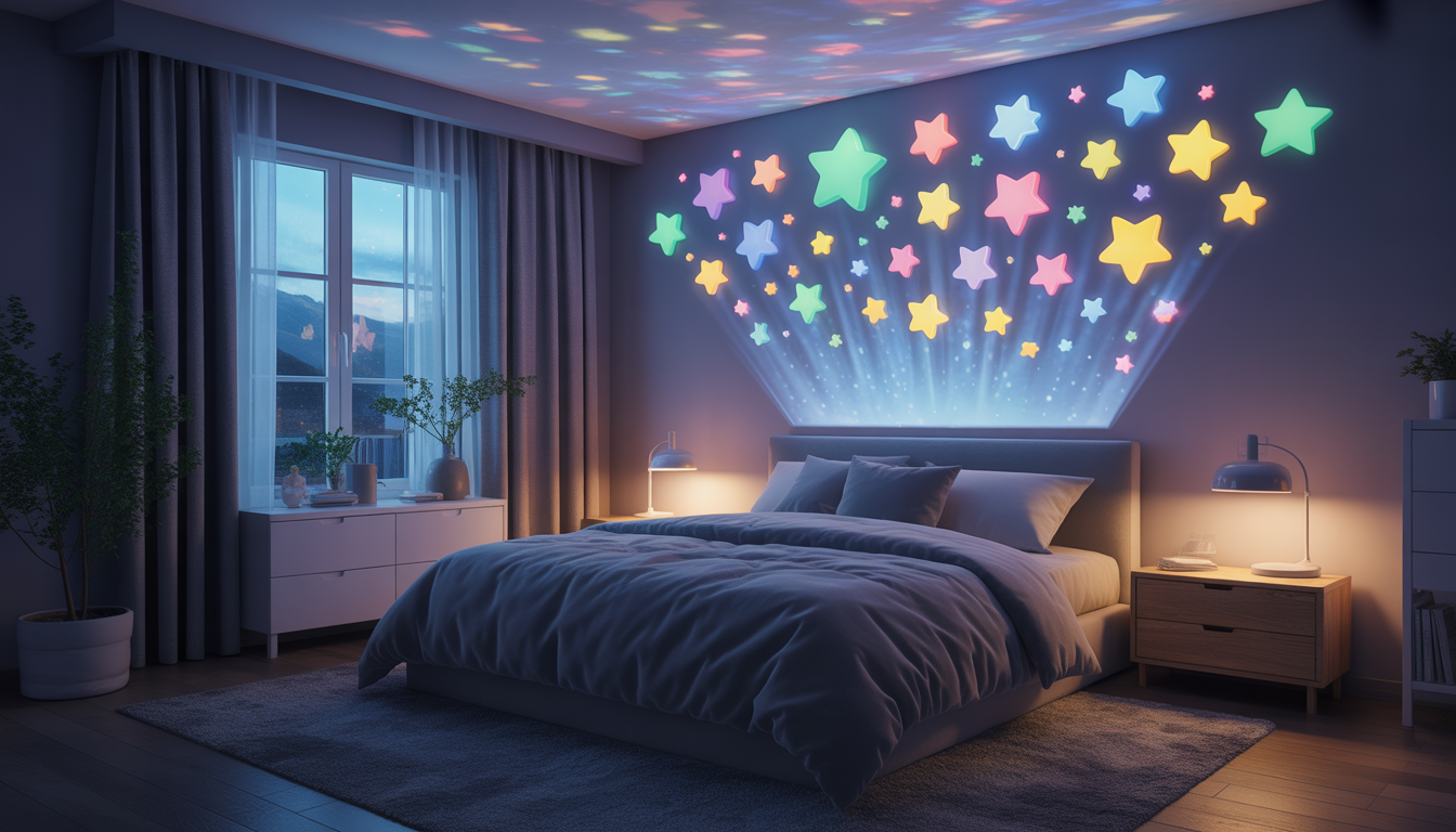 Photorealistic galaxy night light projecting colorful 3D stars in a dark, cozy bedroom