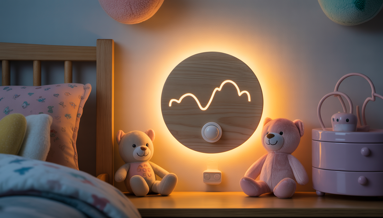 Photorealistic wooden wall night light in serene child's room with plush toys and pastel decor