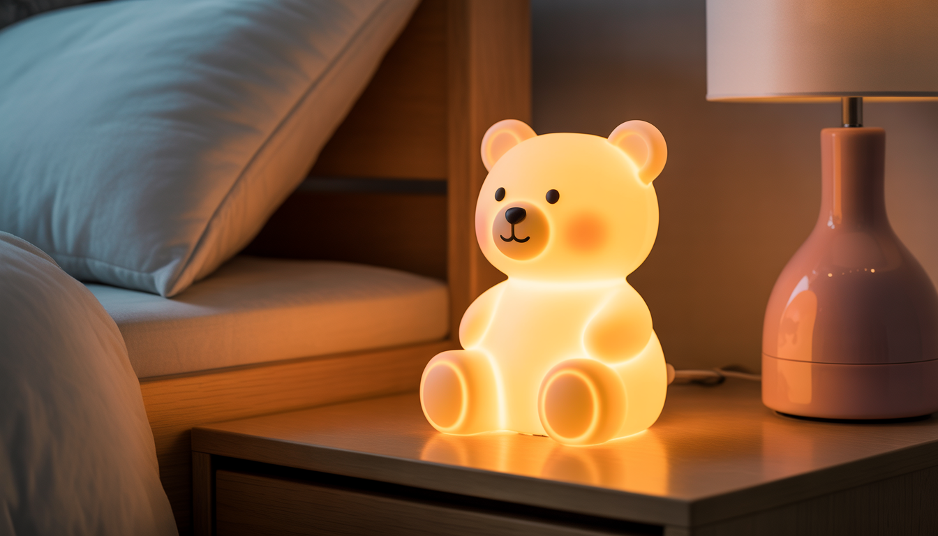 Softly glowing bear-shaped night light in child's bedroom