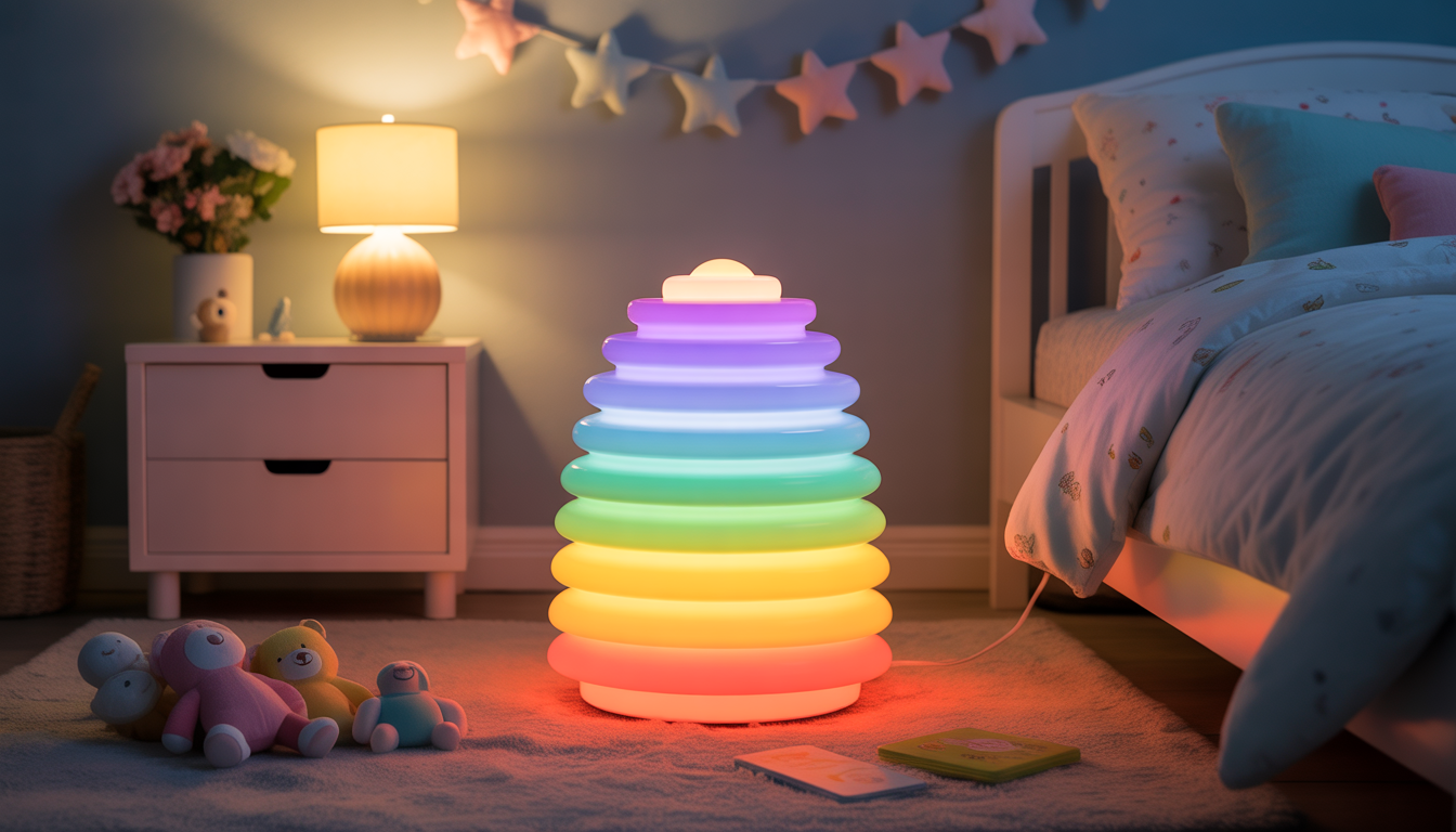 Veilleuse colorée dans chambre d'enfant avec peluches et lumière douce