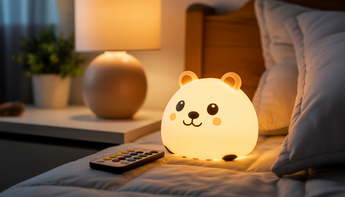 Silicone night light shaped like cute animal in cozy kids' bedroom with soft multicolor glow and remote control