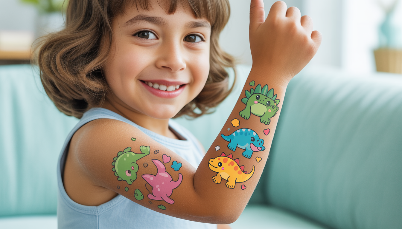 Smiling child showing playful dinosaur and kawaii tattoos on arm