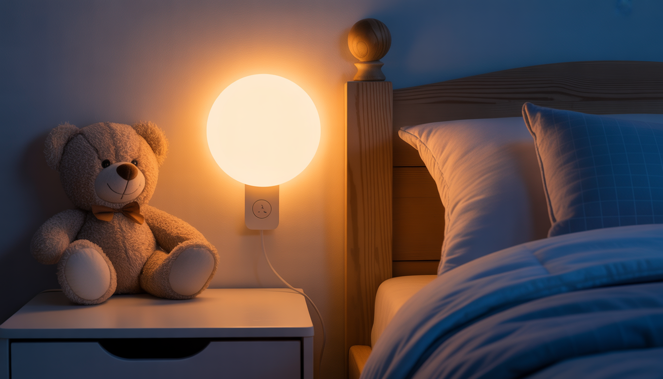 Veilleuse LED émettant une lueur douce dans une chambre d'enfant confortable, avec une peluche et une table de nuit à proximité